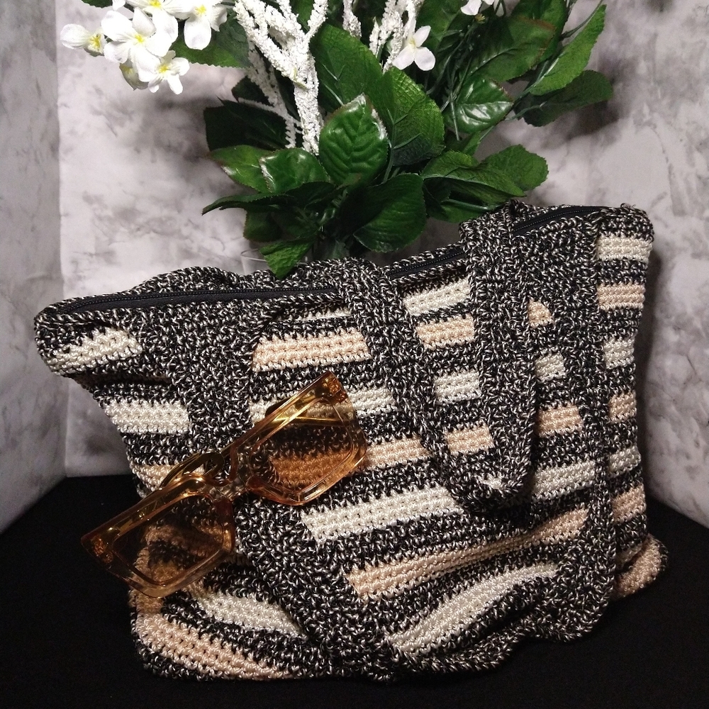 The Sak Crochet Stripped Cream Casual & Black Double Handle Women's Shoulder Bag